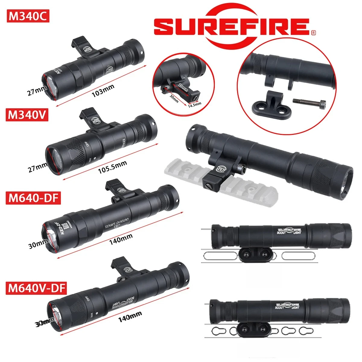 Tactical SF M340 DF M640 Flashlight Surefire M600 M340V LED Scout Light 20mm Picatinny Rail Mount Airsoft Hunting Light Lamp