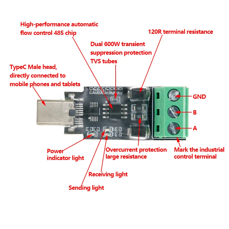 Type-C to RS485 Conversion Module for Android Serial OTG USB Type C to 3PIN 485 Converter Modules 600W Protection