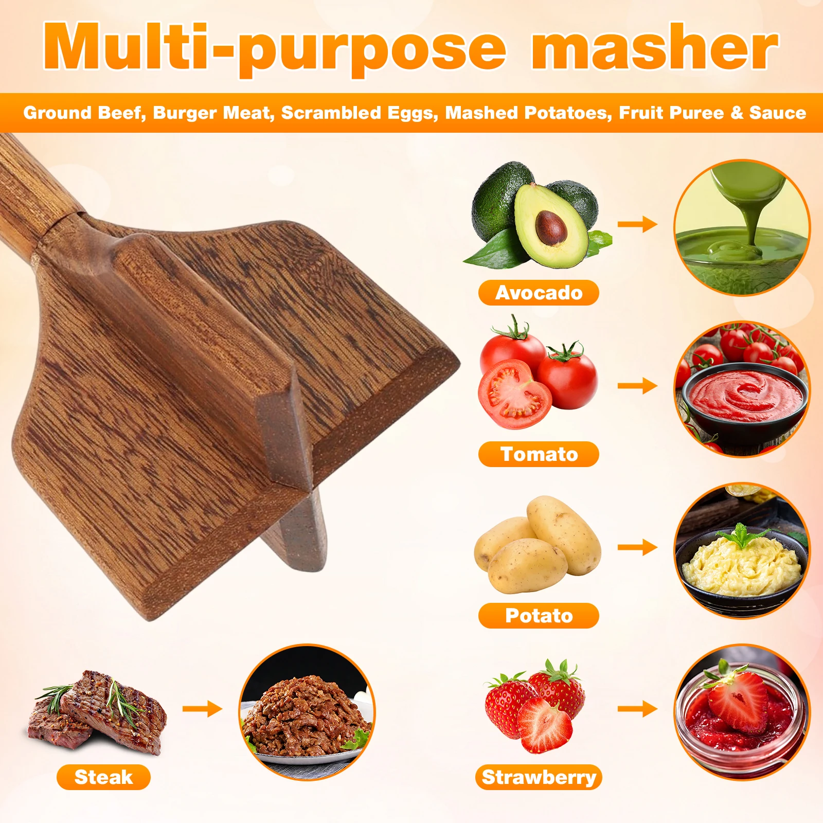 Wood Meat Chopper Non Scratch Wood Meat Masher Tool Heat Resistant Beef Potato Sauce Mixer Non-stick Kitchen Meat Smasher Gadget