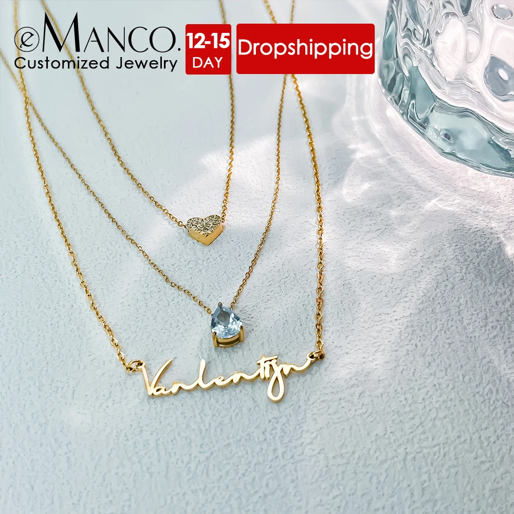 eManco High Quality Stackable Name Necklace Stainless Steel Diamond Heart Pendant Personalized Monogrammed Accessories