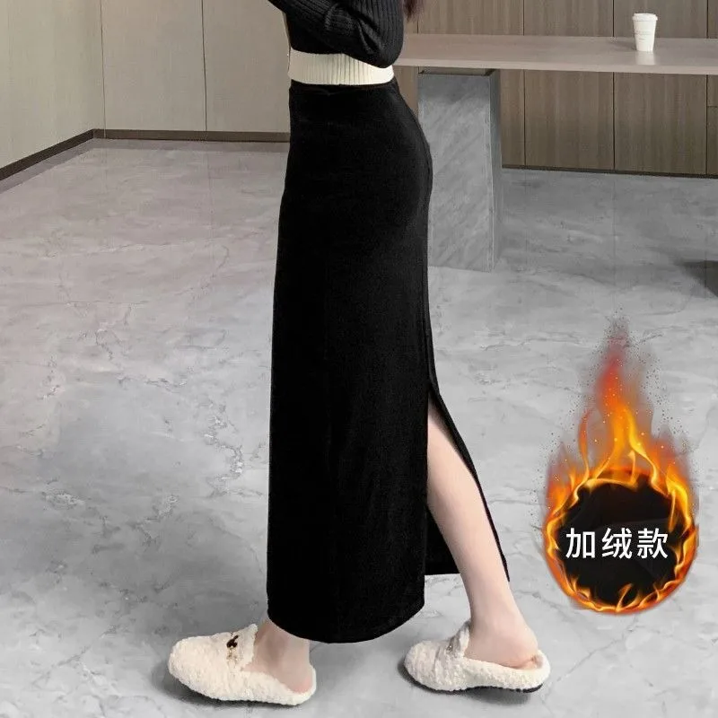 

Высококачественная золотая бархатная утягивающая женская осенне-зимняя утолщенная бархатная юбка до половины тела с длинным разрезом и одним шагом