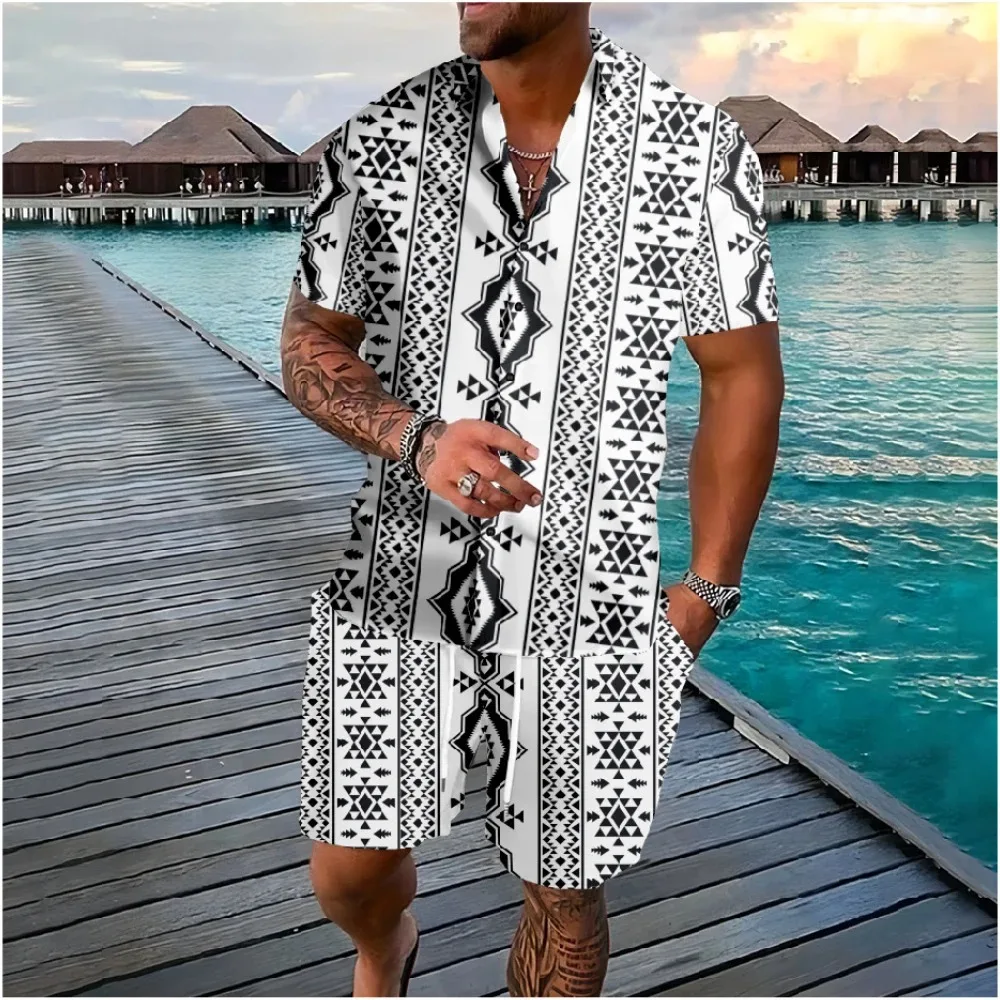 Hawaiian Vacation Style Aztec Elements Button Shirts Shorts Colors Geometry Sets Streetwear Tracksuit Casual Beach Men Clothing