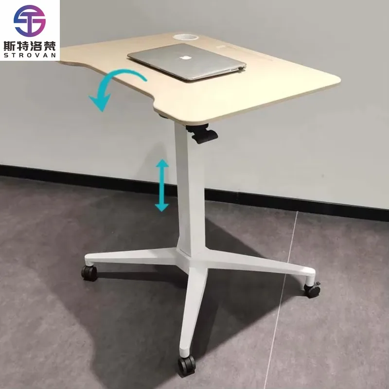 Modern Single Post Mobile Pneumatic Height Adjustable Ergonomic Flip Top Office Desk with Overlap Base for Home or Work