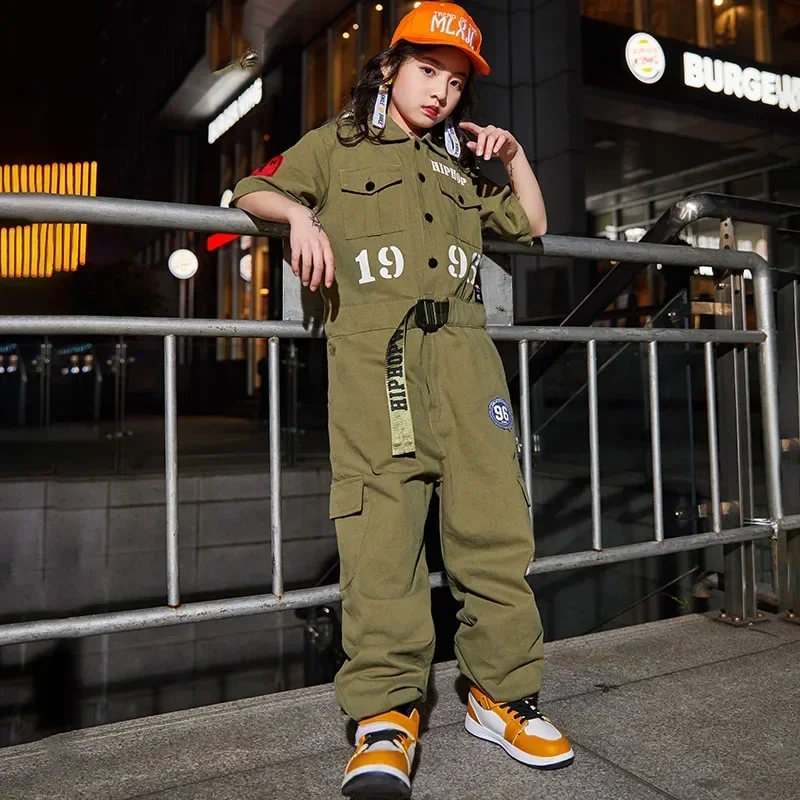 Terno hip-hop para crianças, macacão de manga curta, meninos e meninas, trajes de dança jazz, verão, nova maré, dança de rua, peça única dql3663