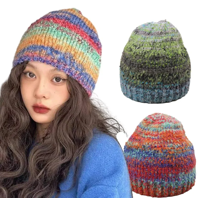 Rainbow Beanie Hat Sweet Knitted Gradient Tie Dye Color Outdoor Winter Warm High Elastic Fashion Casual Women Men Hip Hop Caps