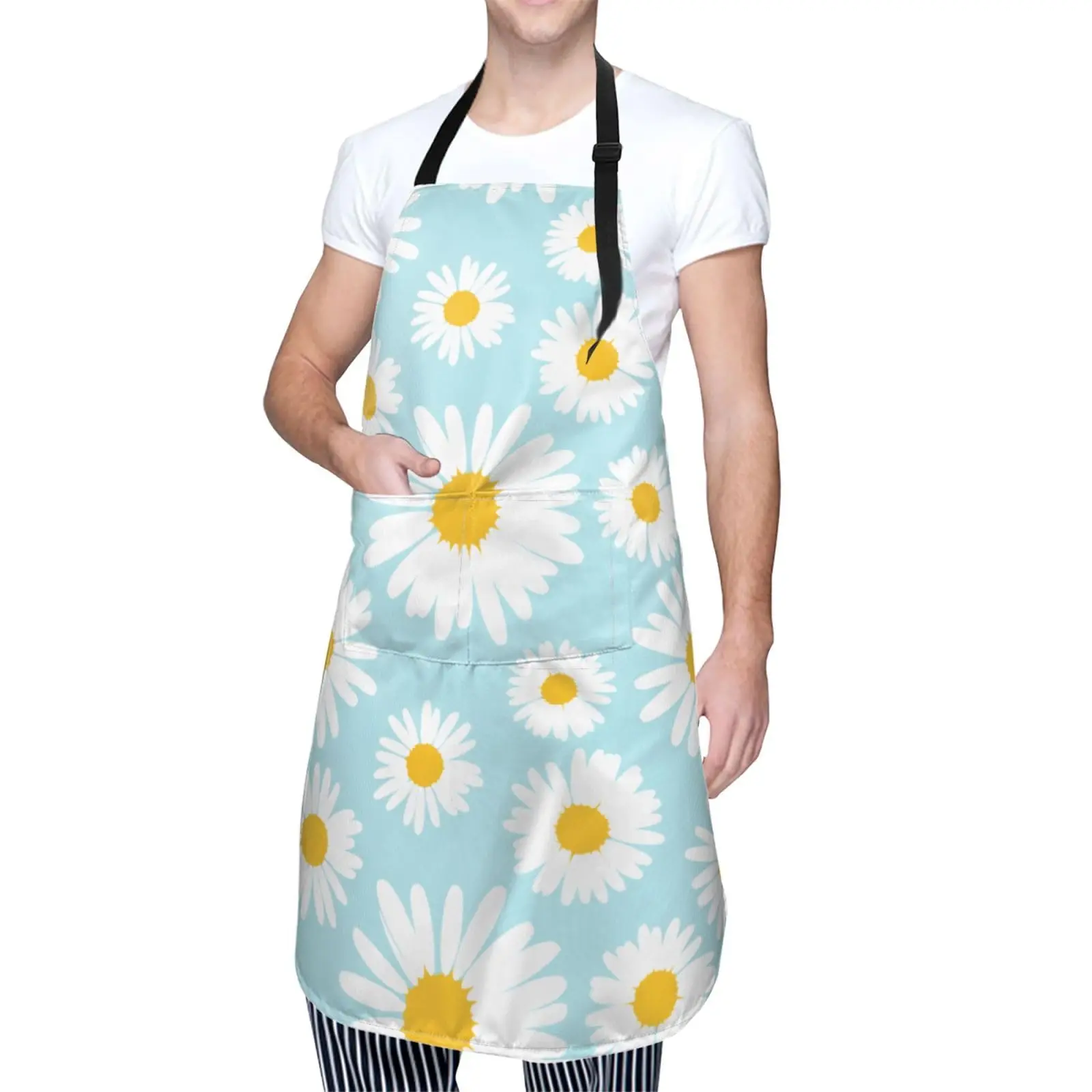 

Daisy Flower Waterproof Bib Apron with 2 Pockets, Adjustable Kitchen Chef Apron for Men Women Cooking Grooming Bbq