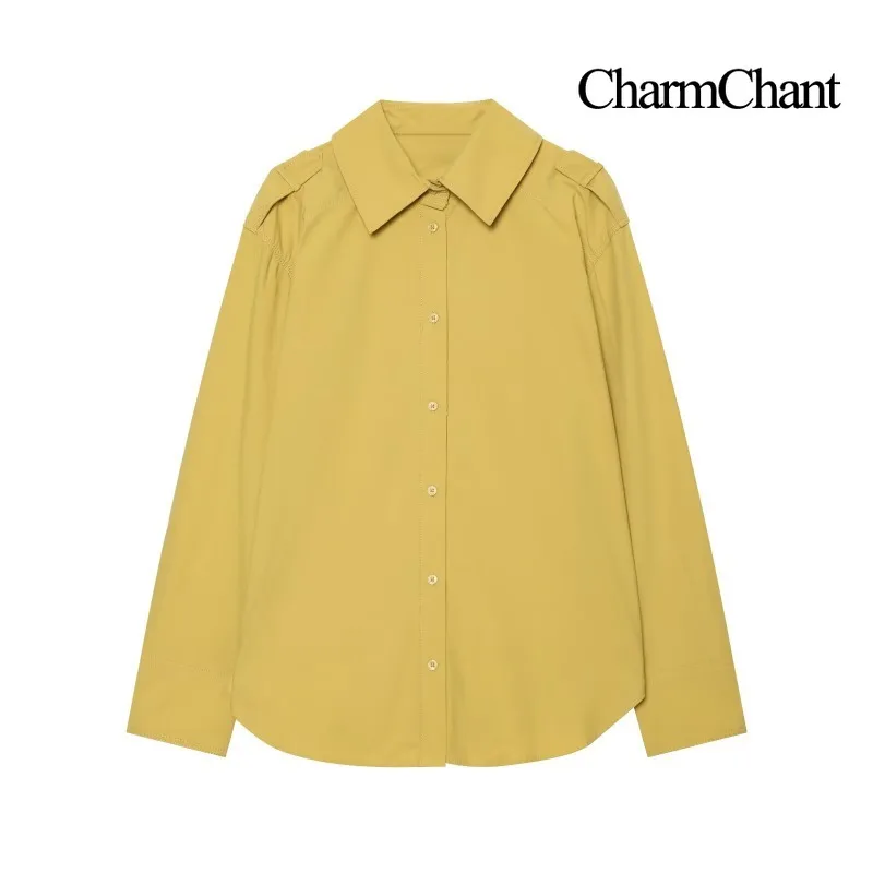 CHARMCHANT Women's Point Collar Cotton Shirt Button Front Epaulet Detail Loose Fit Long Sleeve Blouse Office Daily Autumn 2026
