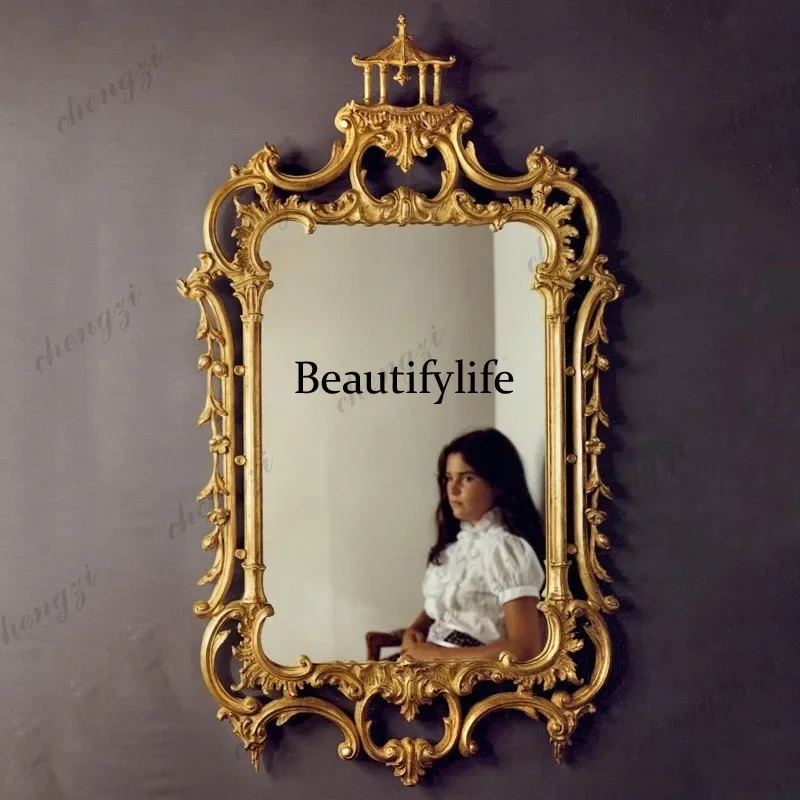 NQ52 HR European retro bathroom mirror French medieval carved neoclassical decorative wall-mounted makeup mirror