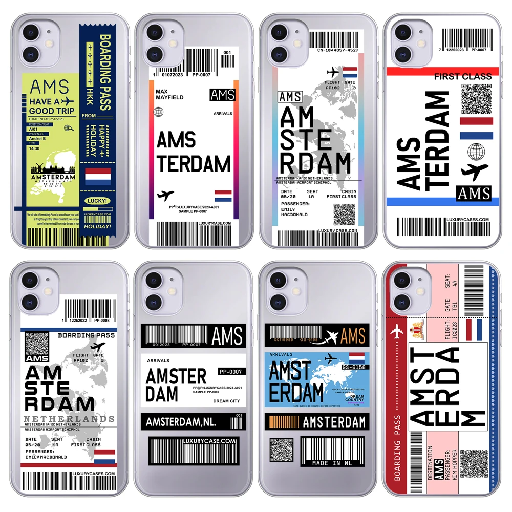 Netherlands Amsterdam Map Flag Plane Travel Fly Ticket Cover Case for iPhone 15 14 Pro Max 13 12 11 Mini X XS XR 7 8 6S Plus SE