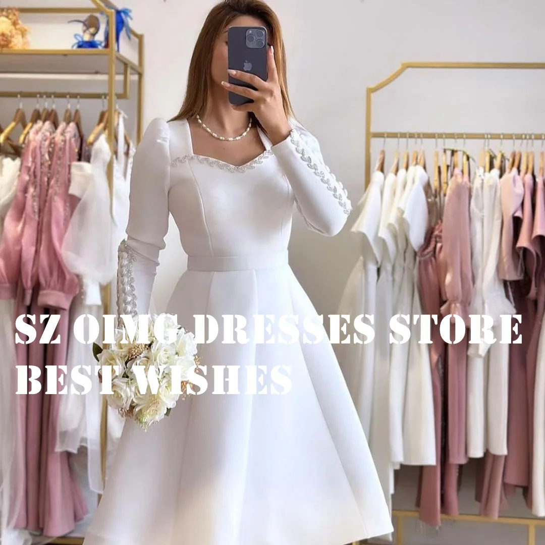 OIMG New Design Prom Dresse Arabic Long Sleeves Simple Tea Length White Crystals Satin Women Evening Gowns Formal Party Dress