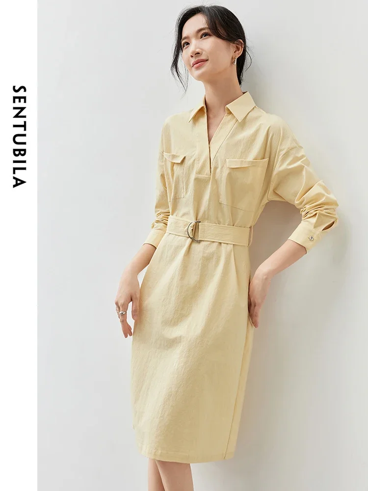 

SENTUBILA Women's Texture Cotton Dresss 2025 Spring Solid V Neck Long Sleeve Sashes Slit-hem Knee Length Women Dress 143L56867