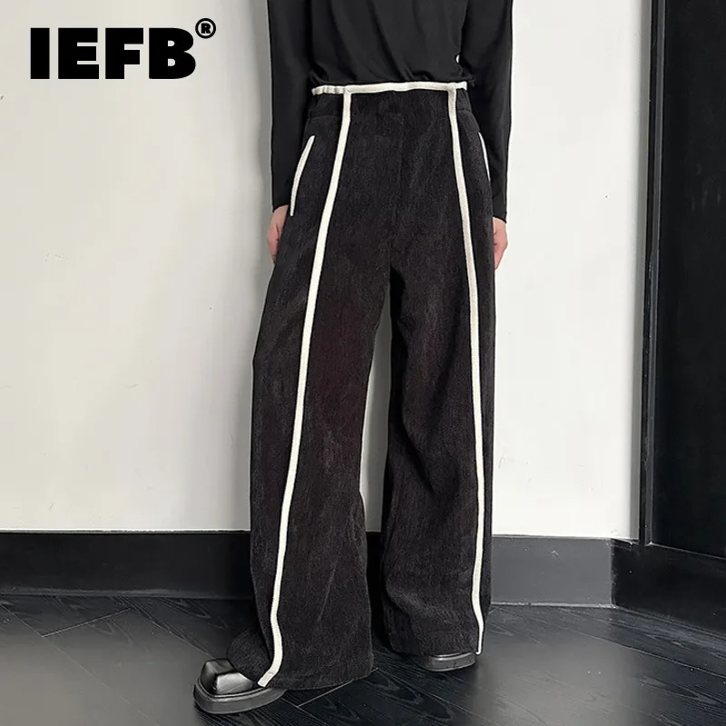 IEFB New Autumn Thickened Men's Casual Pants Chenille Webbing Design Korean Style Straight Leg Contrast Color Trousers 9C8387