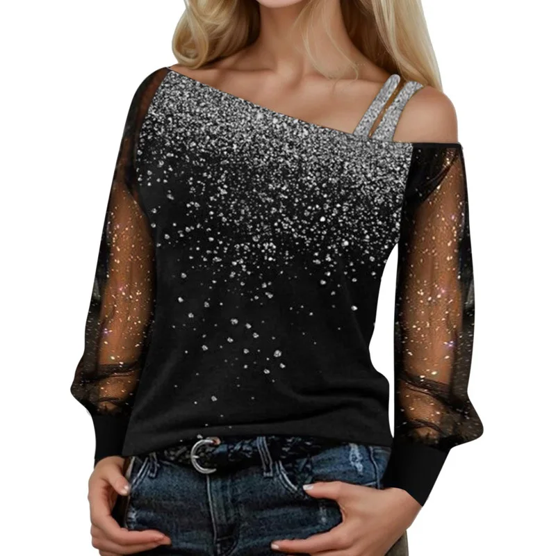 

Spring New Elegant and Casual Style Sparkling Pink Printed Diagonal Neck Mesh Perspective Long Sleeve Women's T-Shirt