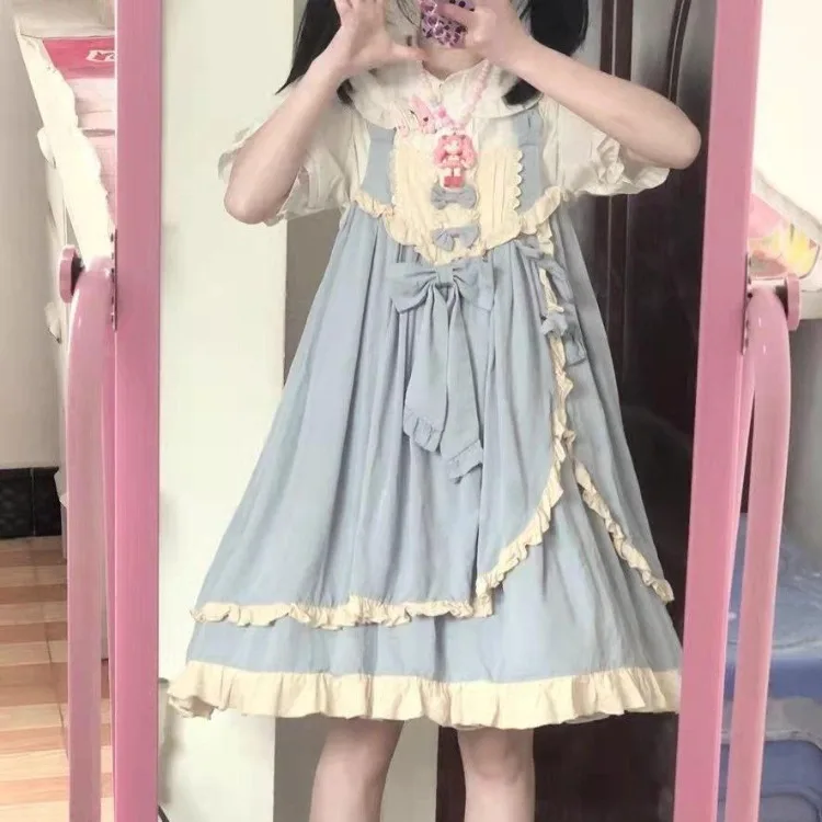 Vestido Lolita Harajuku para mulheres, vestido de colete solto de comprimento médio, novo fungo azul, E-Girl, Y2K, verão, 2024