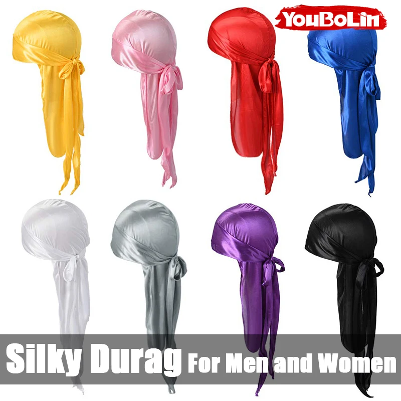 Silk Durag Hat Unisex Fashion Long Satin Silky Long Tail Headwrap Breathable Durags Cap Pirate Hair Accessories