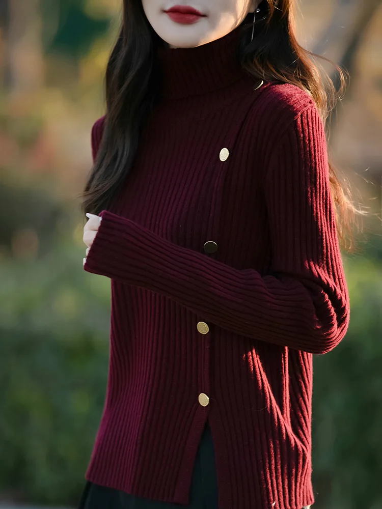 Unique Design Thiened High Collar Women's Knitted Sweater Slim Fit Side Slit Top Autumn Winter Staable Knit Base irt