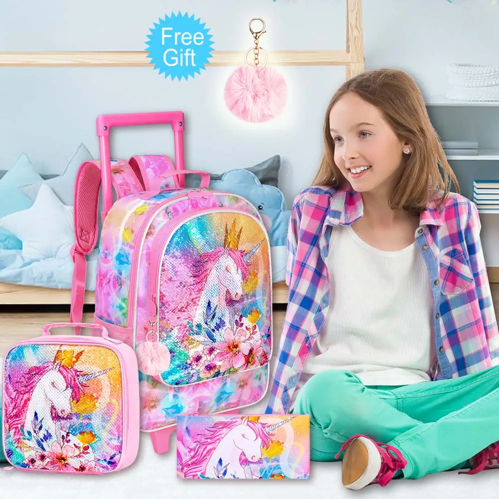 Rolling Backpack for Girls and Boys,Kids Unicorn Bookbag with Roller Wheels, Suitcase School Bag Set