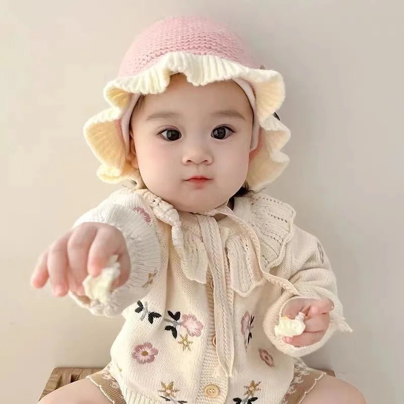 

Kids Hats Lace Baby Knitted Hat Girls Boy Toddler Lovely Infant Kids Caps Newborn Turban Solid Color Headwear Warm Woolen Hat