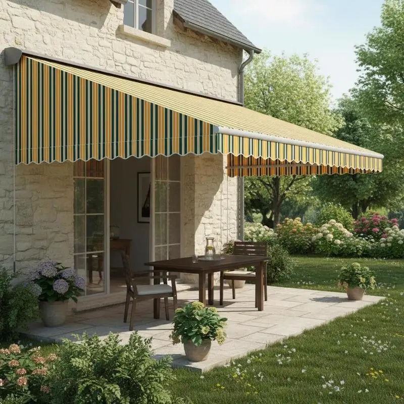 Auvent manuel à cassette pour terrasse, balcon et jardin – Tissu en polyester enduit PU résistant aux intempéries avec structure en aluminium renforcée