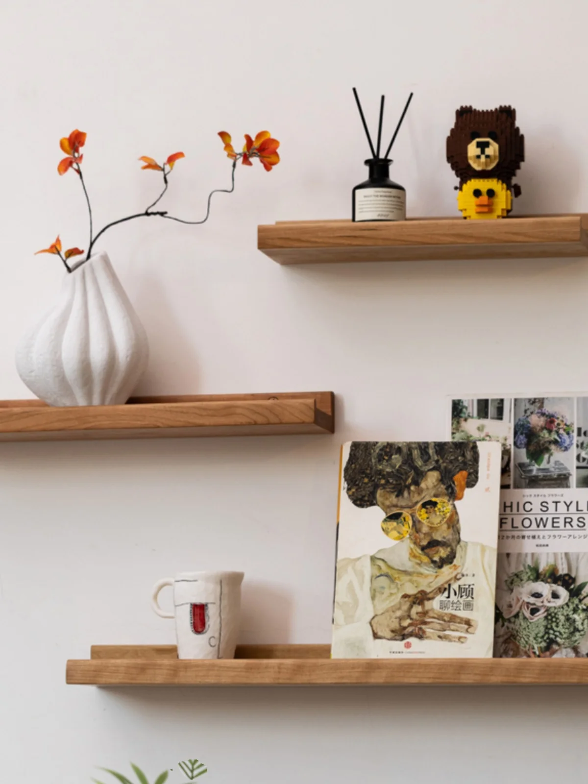Red Cherry Wood Wall Mounted Shelf One-Row Partition Wall Decoration TV Wall Sofa Background Wall Storage Board Art Style