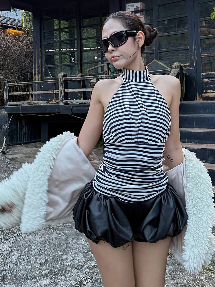 

Macheda Music Festival Striped Print Vest Women Backless Halter Bandage Folds Hottie Skinny Sexy Wild Simple Fashion Streetwear