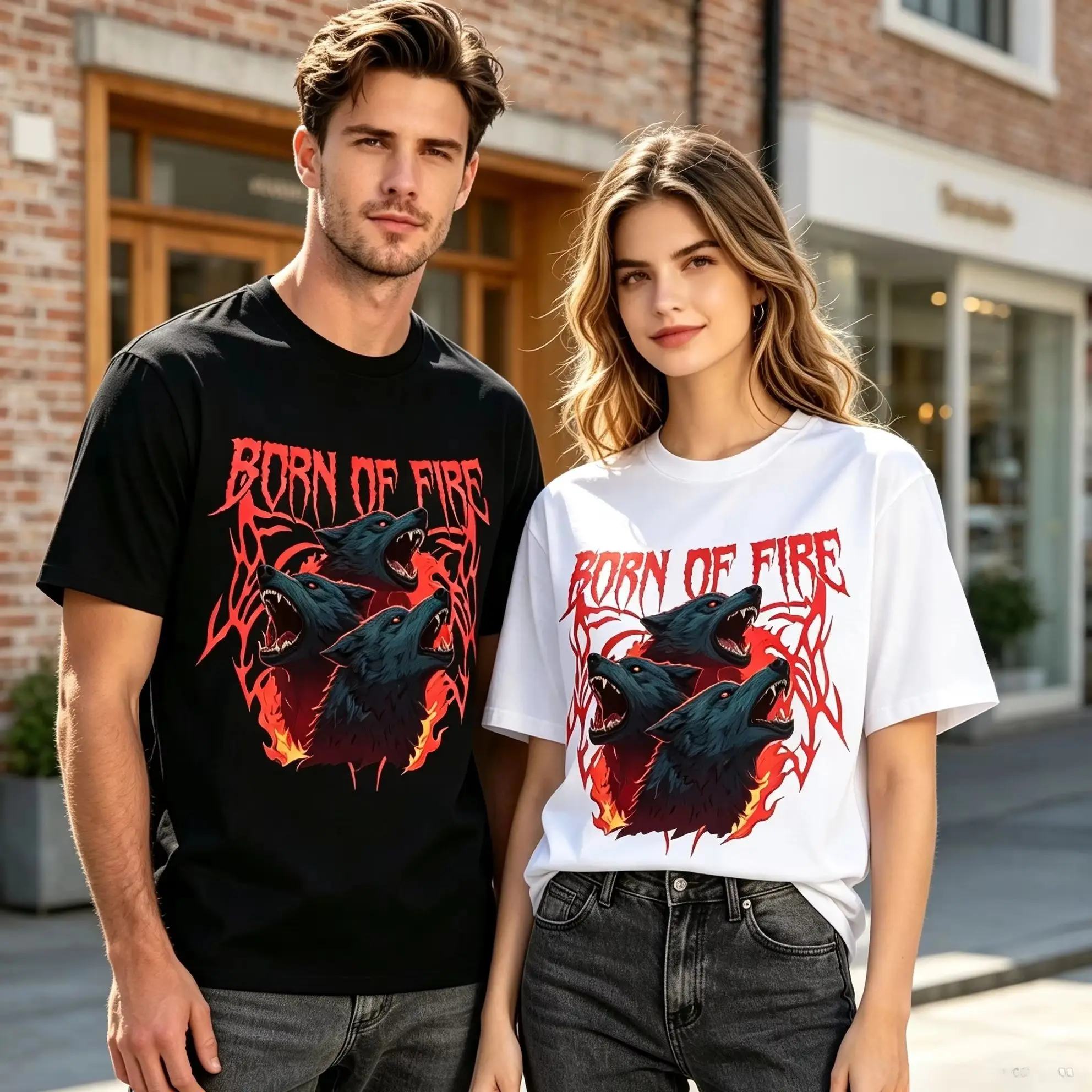Unisex Born Of Fire Three Howling Wolves T‑Shirt, Vintage Fire Flame Death Metal Gothic Dark Rock Art Print Casual Short Sleeve
