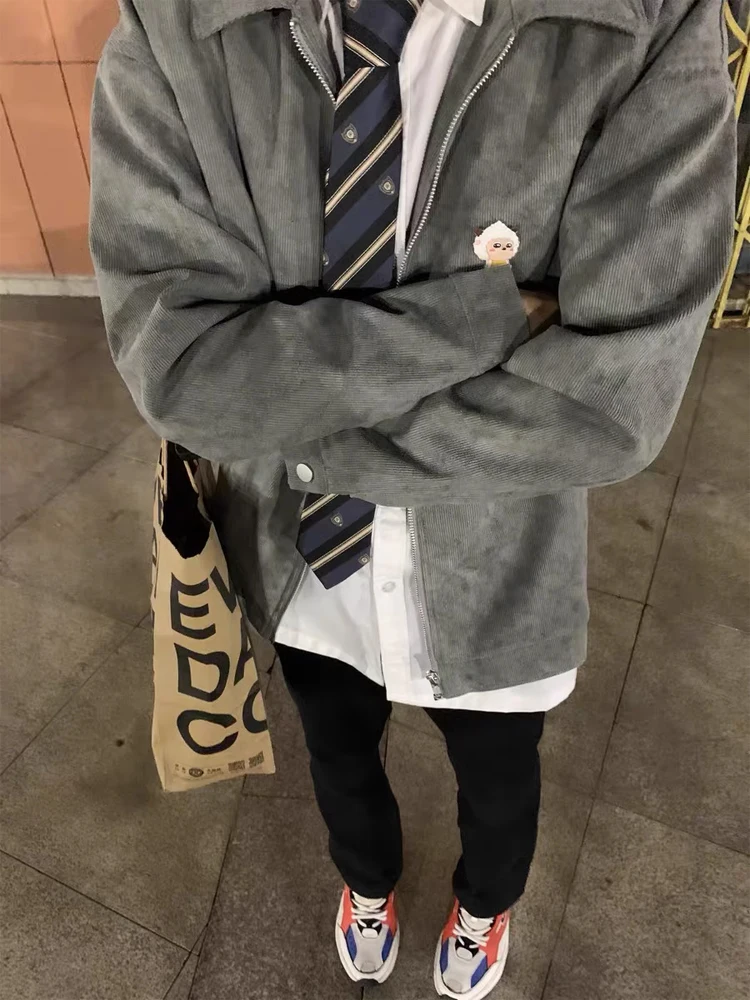 

Jackets Women Autumn American Retro High Street Workwear Fashion Design Casual Loose Tops Zipper Couple Turn Down Collar Coats