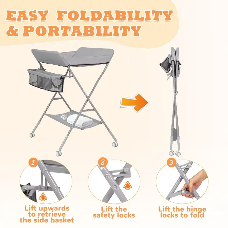 Changing Table for Baby, GIGYES Foldable Baby Changing Station with Wheels amp Adjustable Height, Large Storage Rack amp Shelf,