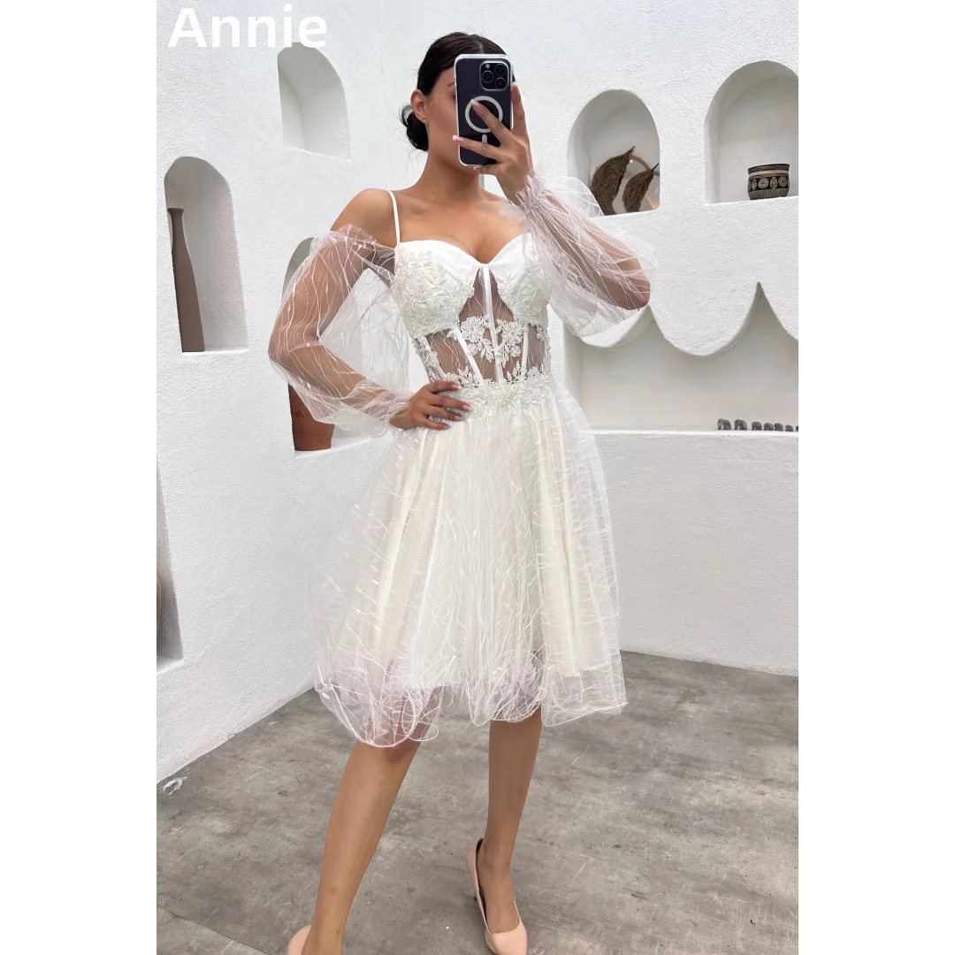 

Annie Embroidered Lace Prom Dresses White Short Tulle Puff Sleeves Evening Dresses Princess Coming of Age Ceremony Party Dress