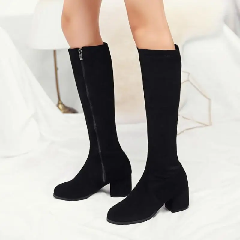 2023 Women Long Boots Suede Solid Knee High Boots Thick Mid-Heel Side Zipper Knight High Boots Winter Female Shoes Botas Mujer