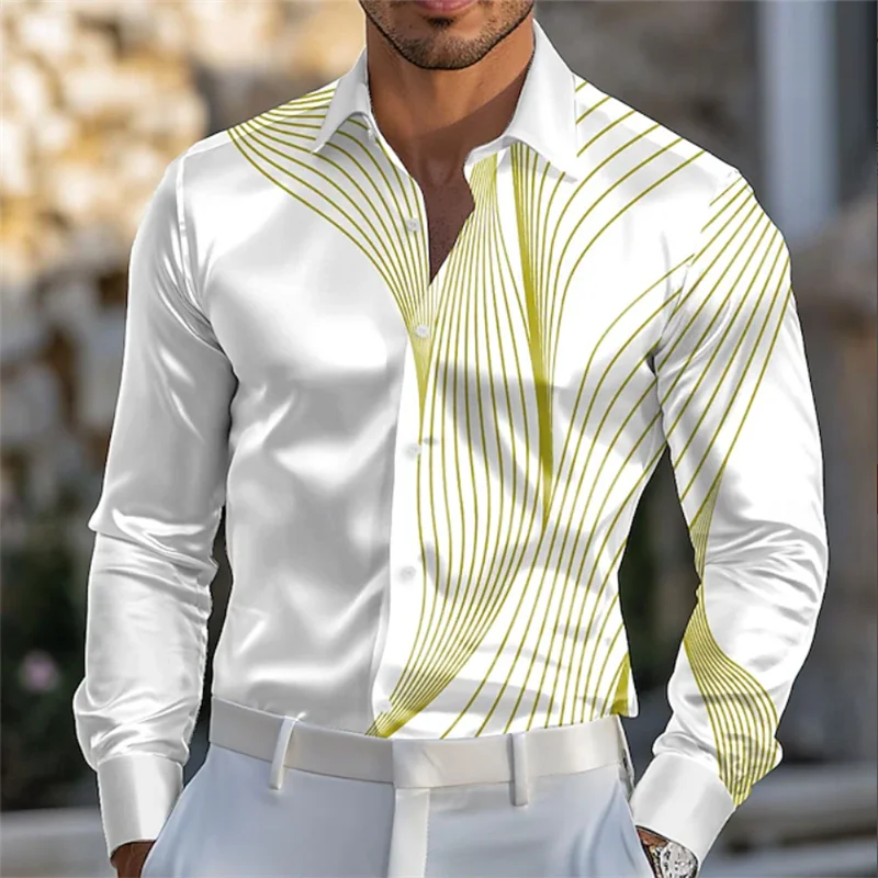 Men's Abstract Liquid Art Satin Shirt Fashion Casual Holiday Summer Spring Autumn Flap Long Sleeve Shirt Pink Blue Gold