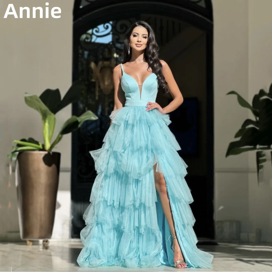 

Annie Sky Blue Flash Prom Dresses Layered Spaghetti Straps Evening Dresses 2024Vestidos De Fiesta Graduation Party Dresses