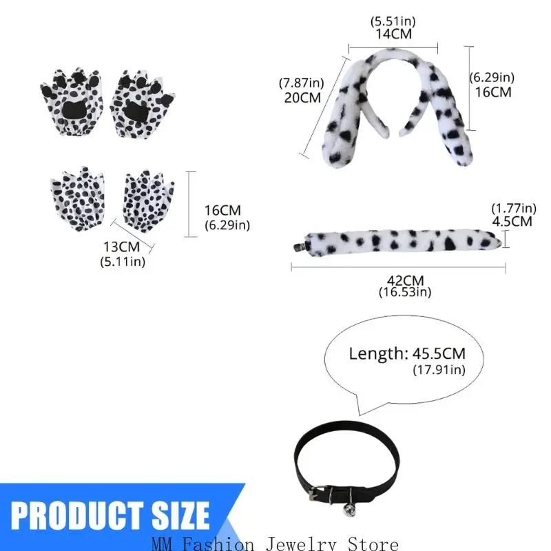 4Pcs Dalmatian Puppy Costume Set Ear Headband Tail Bells Choker Gloves for Kids Halloween Christmas Animal Cosplay