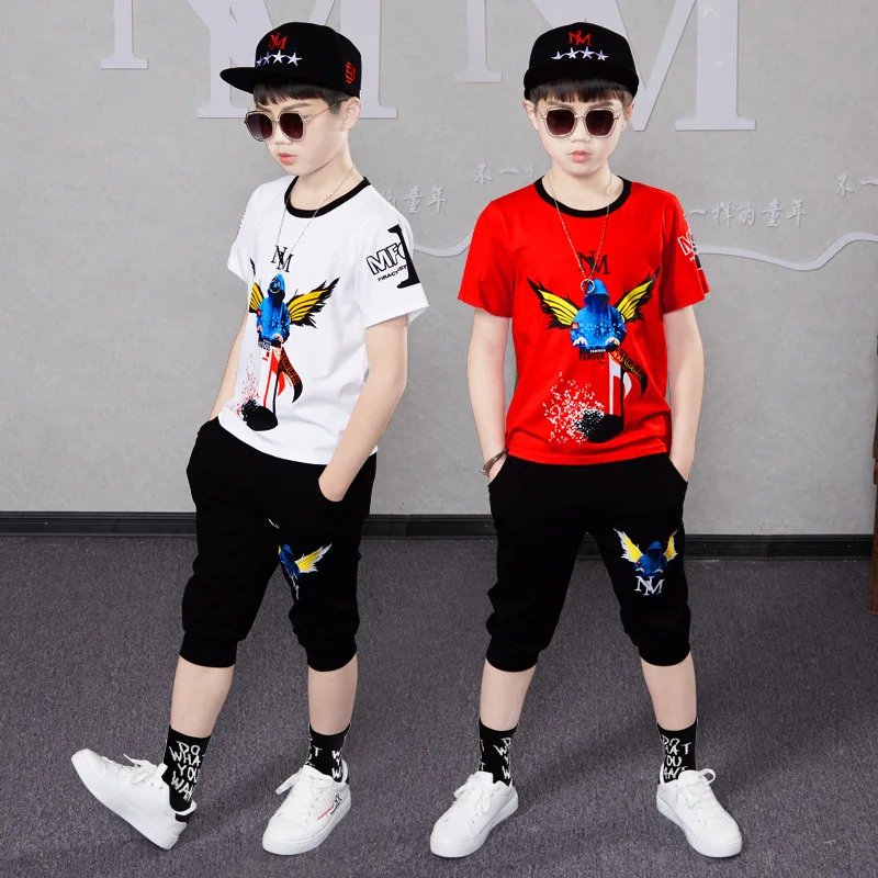 2024 summer Teenager Boys Clothes Casual Outfit Kids Tracksuit Children set loose print t shirt + fifth pant 4 5 6 7 12 Year