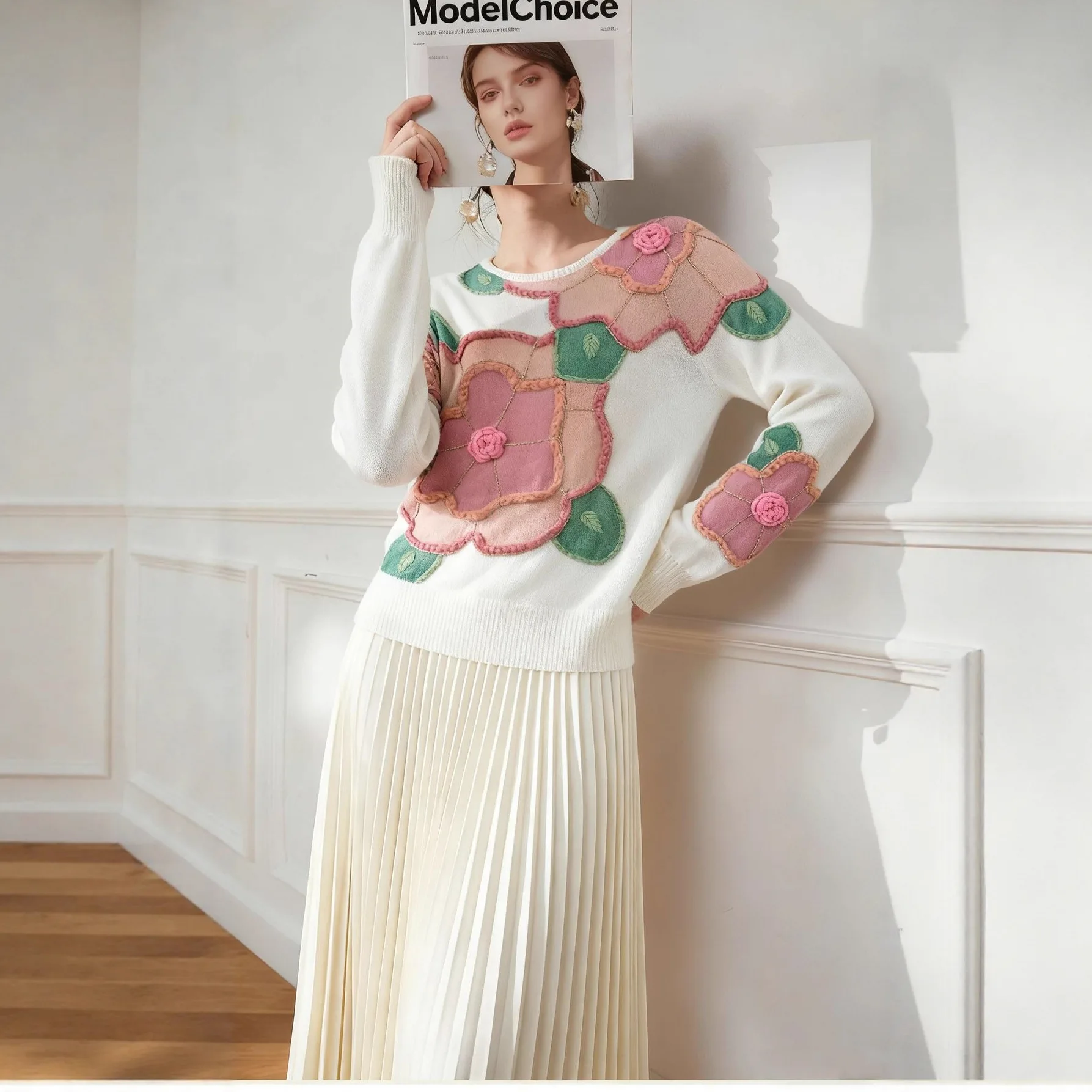 

French Sweet Embroidered Flower Patchwork Elegant Pullover Women's Knitted Sweater Sweater Coat