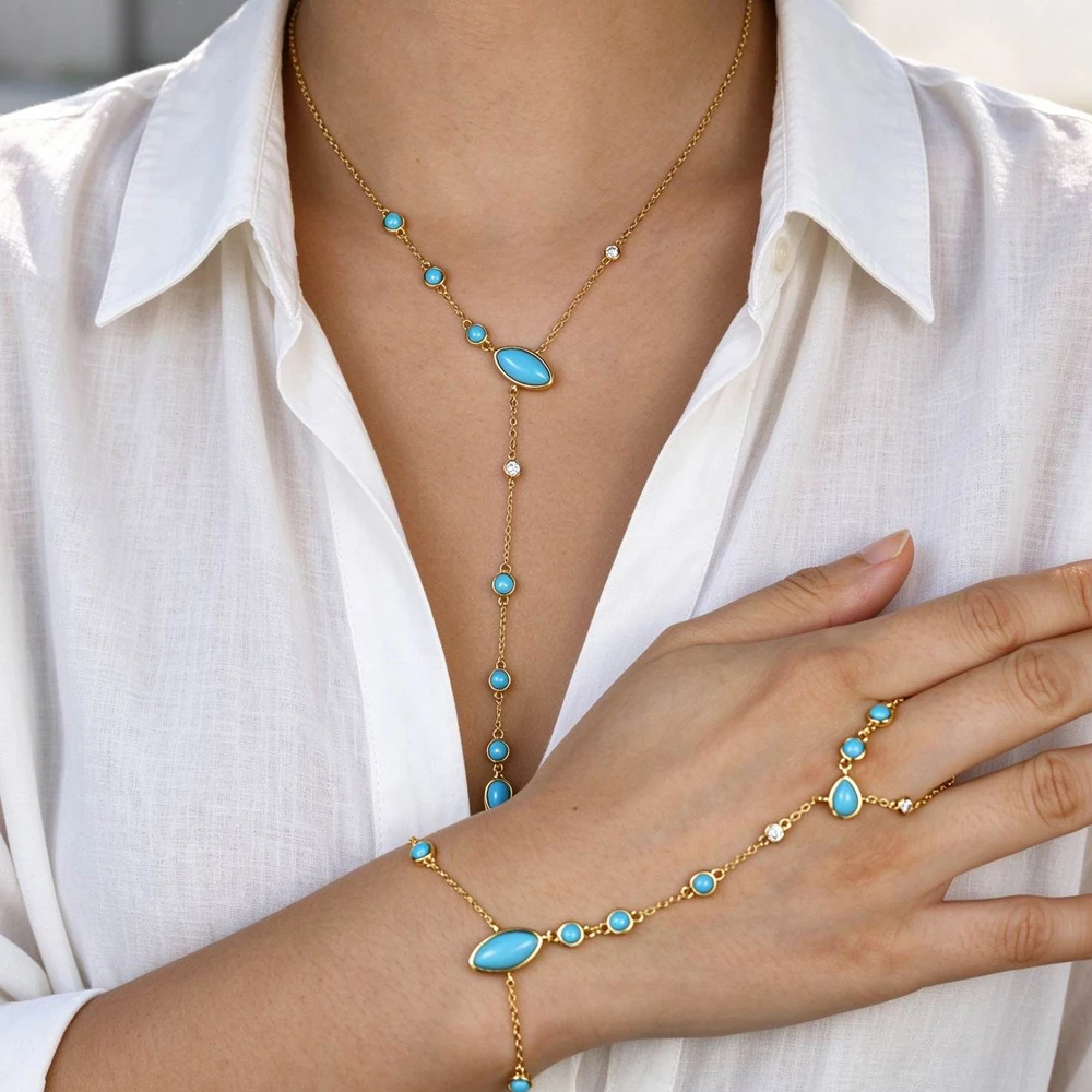Fashion Sexy Women Y Lariat Necklace Gold Plated Blue Turquoise Paved Tear Drop CZ Geometric Colorful Jewelry Wholesale