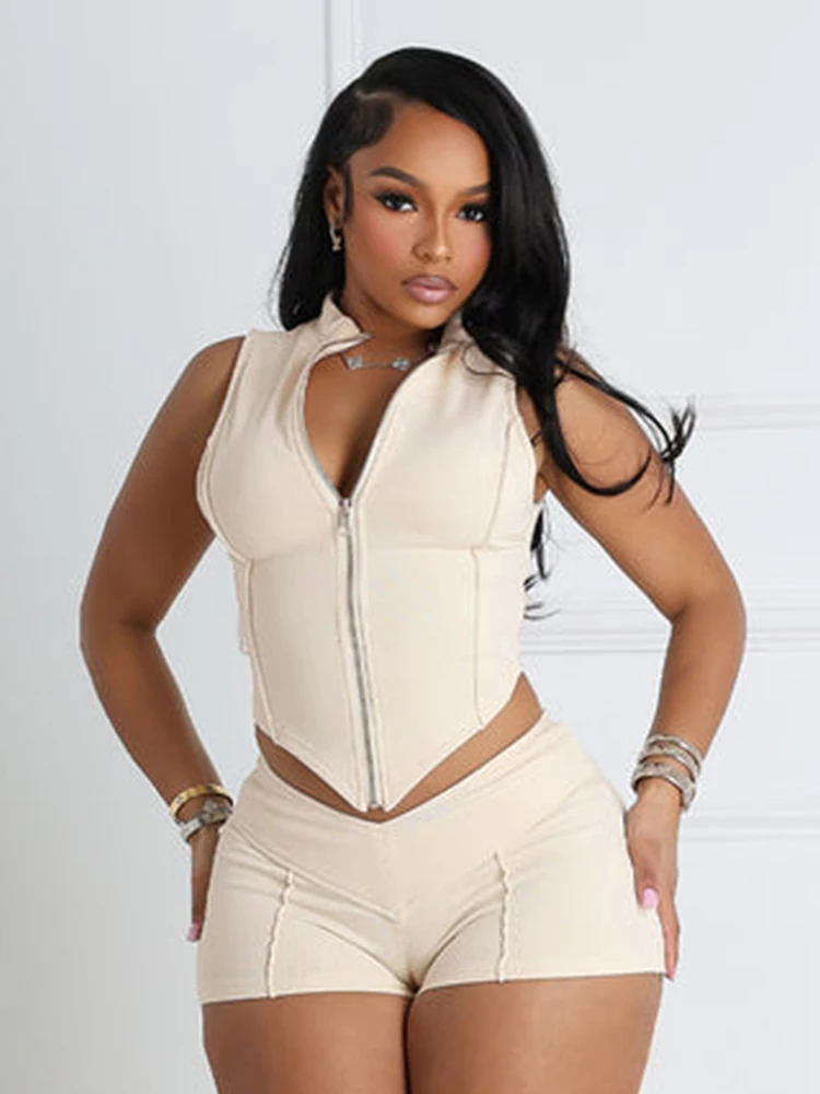 Kliou Set Celana Pendek Wanita Musim Panas Kasual Tank Top Ritsleting Tidak Teratur Aktif Solid + Bawahan Melar Mujer Basic Matching Street 2 Potong