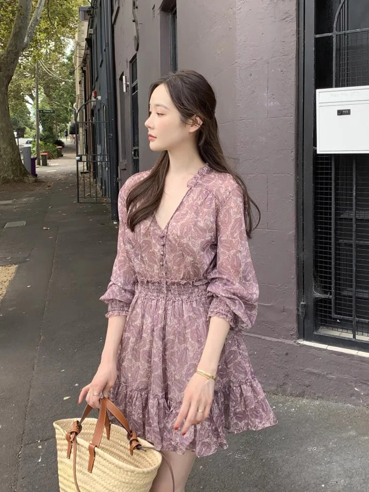 Korejpaa Korean Fashion Women Dress 2024 Spring French Elegant Ruffle Flower Printed Mini Dresses Casual Slim Chiffon Vestidos