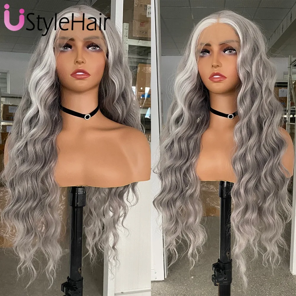 Silver Wig with White Highlights Synthetic Long Deep Wave Lace Front Wig Natural Looking Daily Use Cosplay Light Grey Lace Wigs