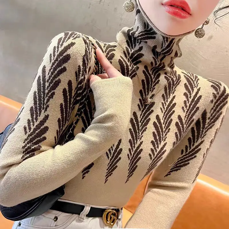 Women's Clothing Elegant Chic Plant Knit Sweaters Autumn Winter Fashion All-match Turtleneck Slim Pullovers Office Lady Tops