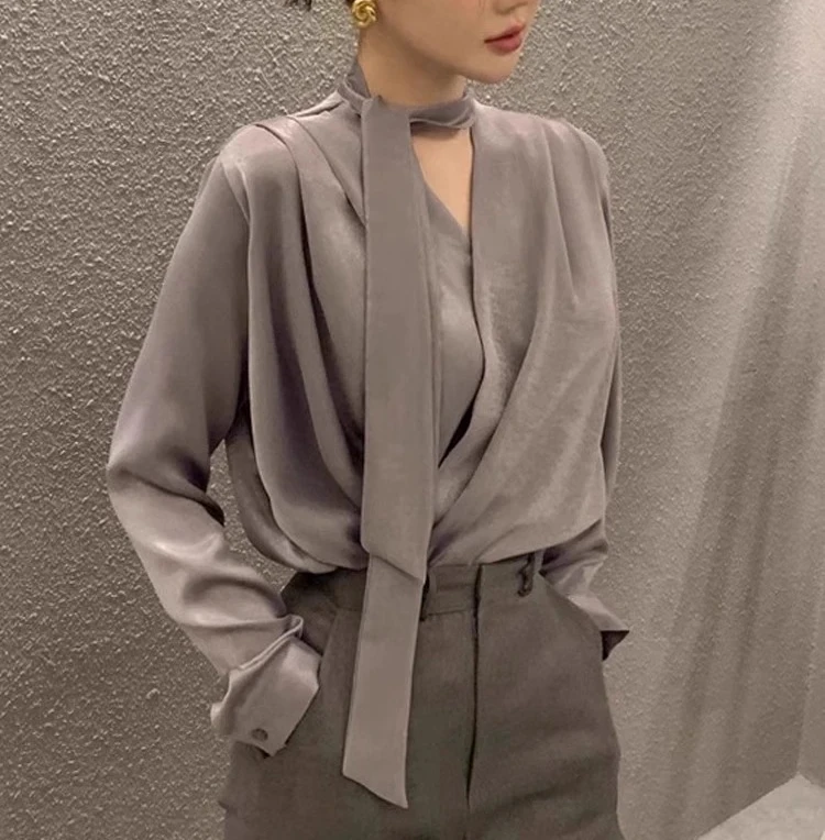 French Sle Pure Color V-ne Breathable Casual Slim Straight ape Commuter irt Silk Long Sve BibFem Sle irt