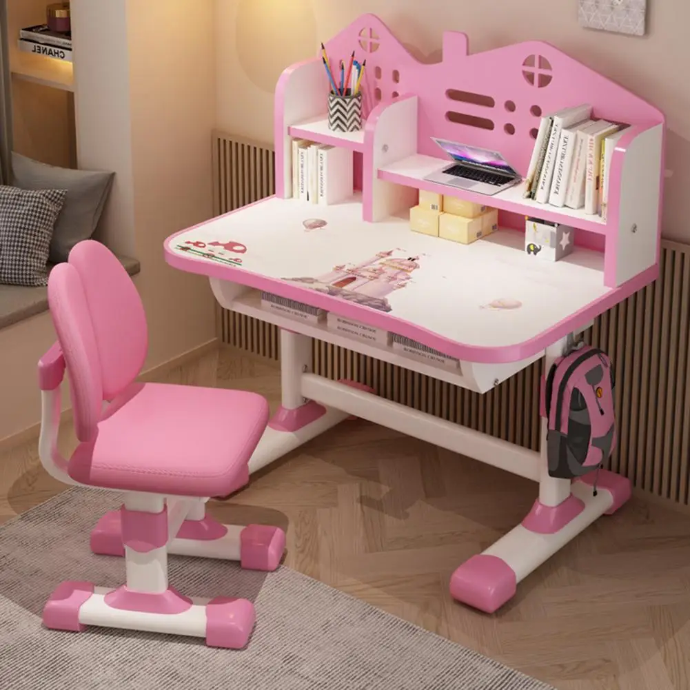 2Pcs Set Kids Bookstand Desk Chair Cartoon Pattern Adjustable Height Study Desk Table With Chair Set view 5