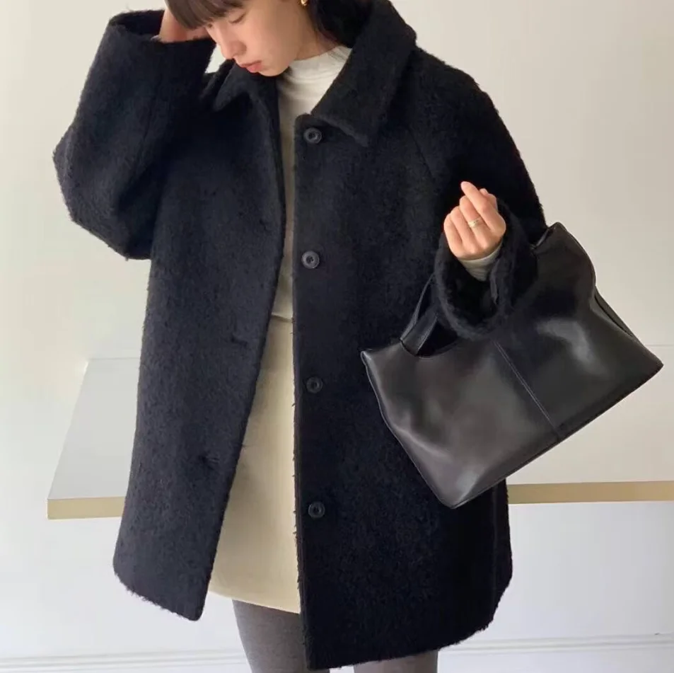 Pure Color Woolen Coat Jaet Single Button Turn-down Collar Medium-length Commute Sle Women's Faion Autumn Winter Coat