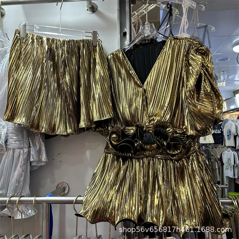 

Women Glossy Ruffles Slim Waist Shirts V-neck Pleated Lotus Blouses Faux Silk Ruched Tops+Elastic Waist Wide Leg Shorts 2Pcs Set