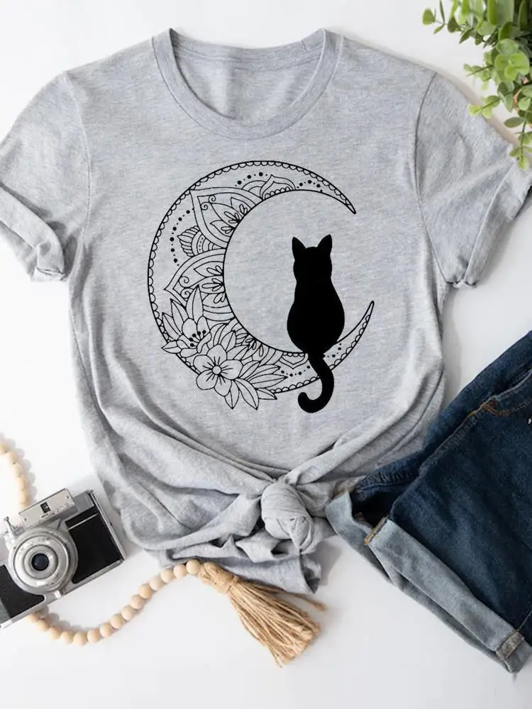 Moon Cat Lovely 90s Short Sleeve T-shirts Women Cartoon Shirt Clothing Fashion Summer Female Print T Top Graphic Tee