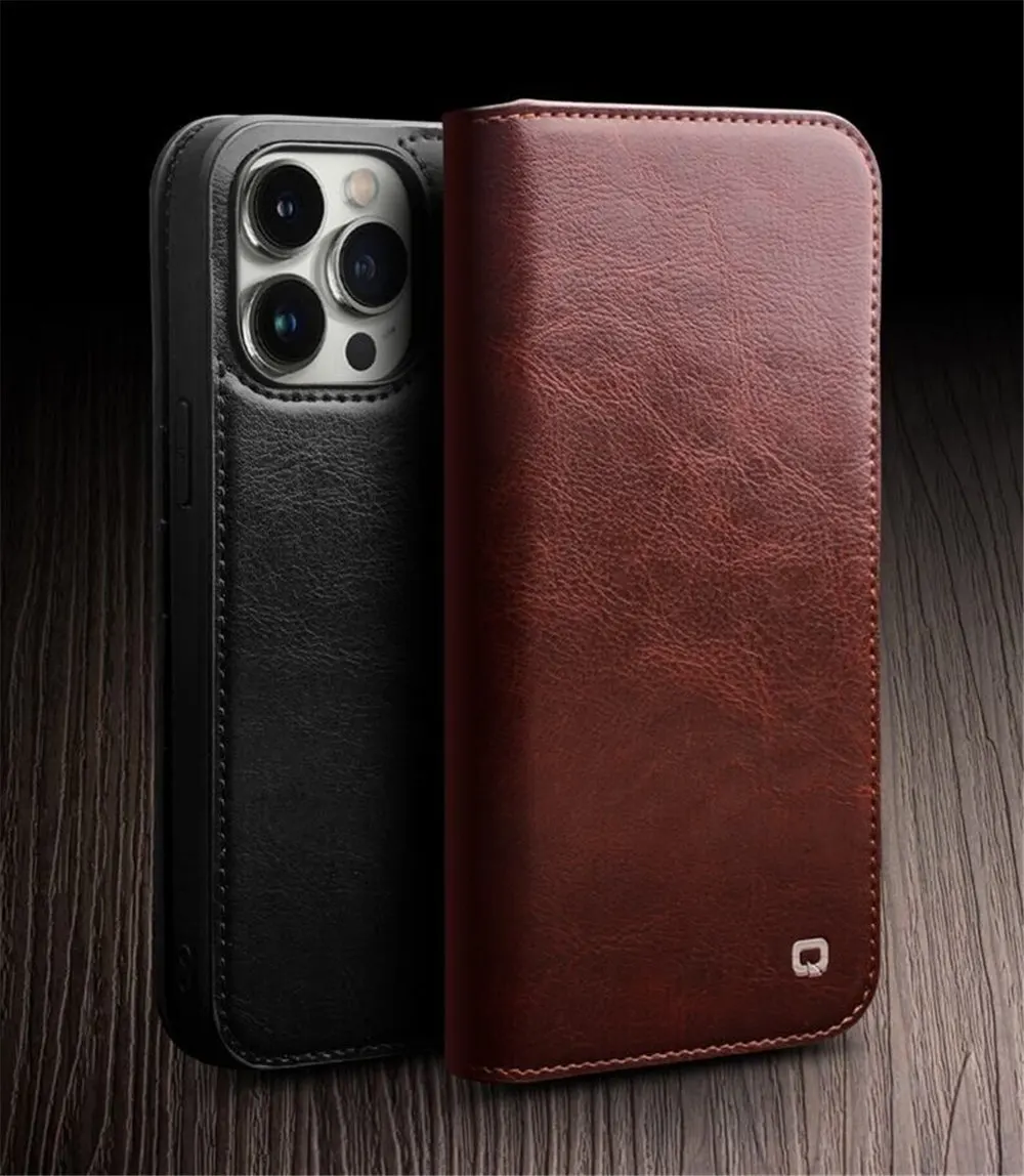 

Genuine Leather Flip Wallet Case for iPhone 14 13 Pro Max Handmade Card Slot Cover