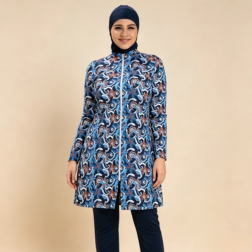 2026 New Plus Size Muslim Burkini 3PCS Set - Modest Floral Print Long Sleeve Swimwear with Hijab Islamic Bathing Suit for Women