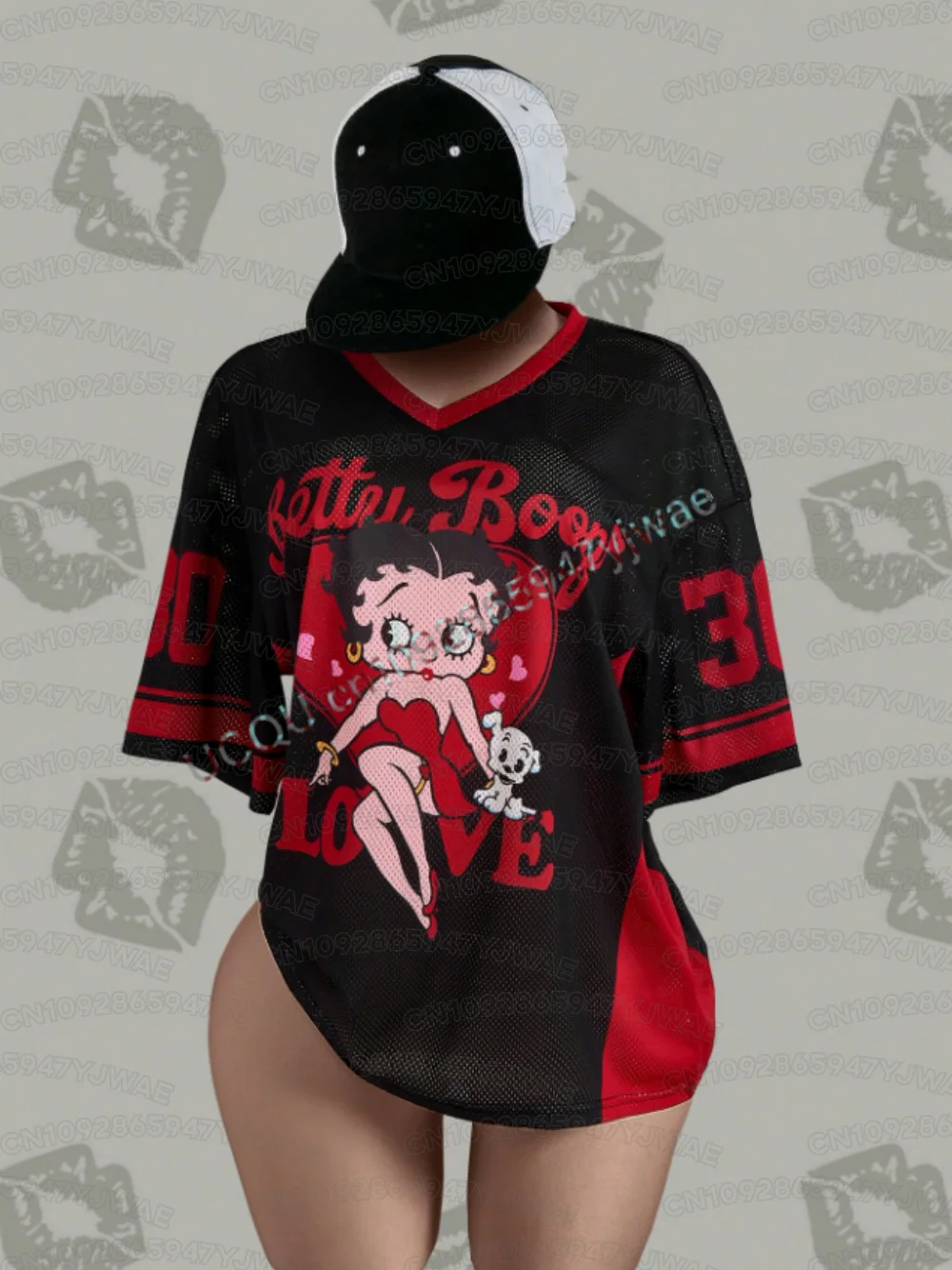 Summer Women's Men's Cartoon Betty Boop Print V-neck Short Sleeve T-Shirt Graphic Tee Soccer Jersey Plus Size Sport T-Shirt Tops