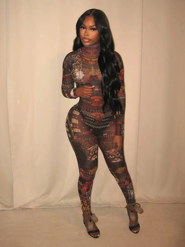 Nibber Colorful Full Sleeve Jumpsuit Women Sexy Hottie o-Neck Zip Club Vacation Midnight Stretch See Through Stretch Overall