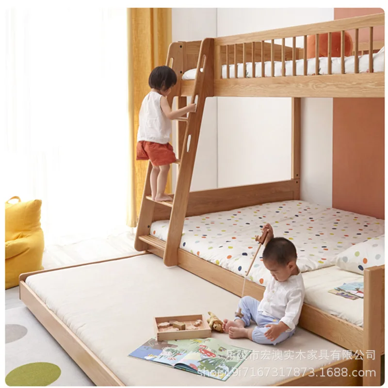 Solid wood high and low bed Modern simple oak two-layer upper and lower beds Nordic bedroom Multifunctional children's bed